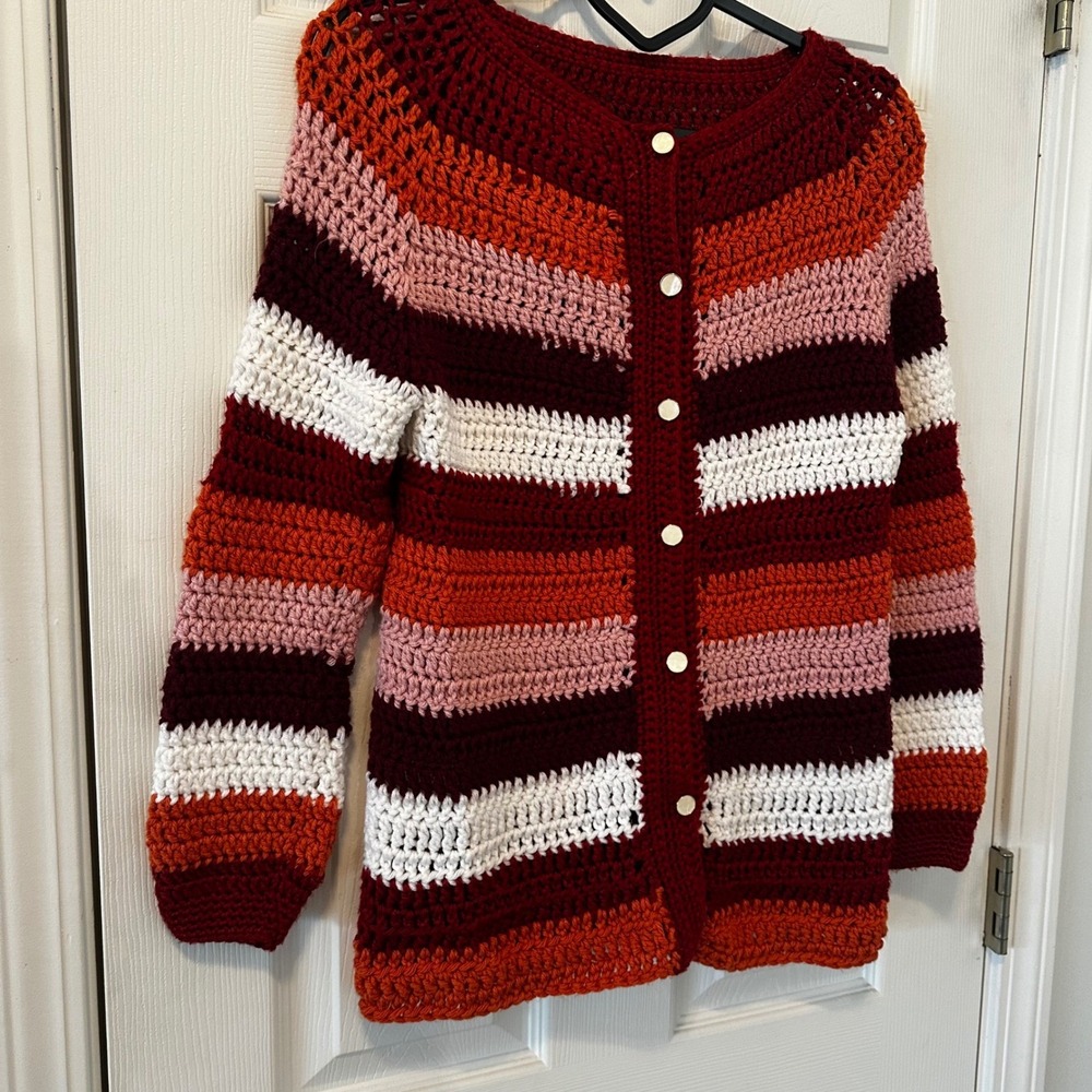 Crochet Cardigan‎ Multicolor Striped Button Front Boho Festival Sweater M - Picture 4 of 8